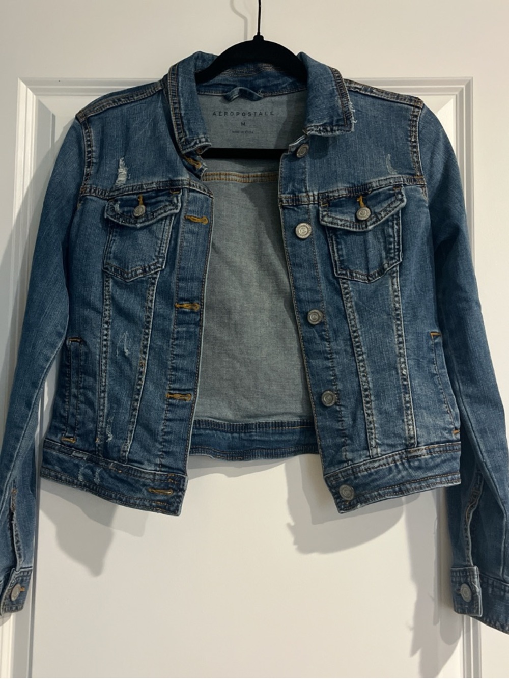 Aeropostale Women's Medium Blue Denim Jacket with Distressed Detail